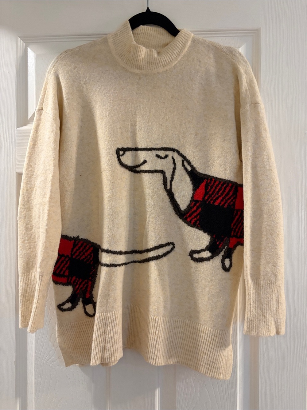 LOFT Cream Turtleneck Sweater with Red & Black Dachshund Motif